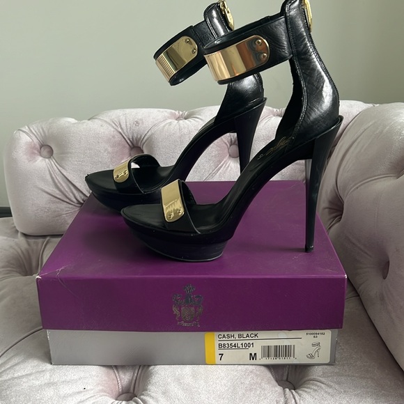 Platform Black Heels with Gold Accents - Picture 2 of 6